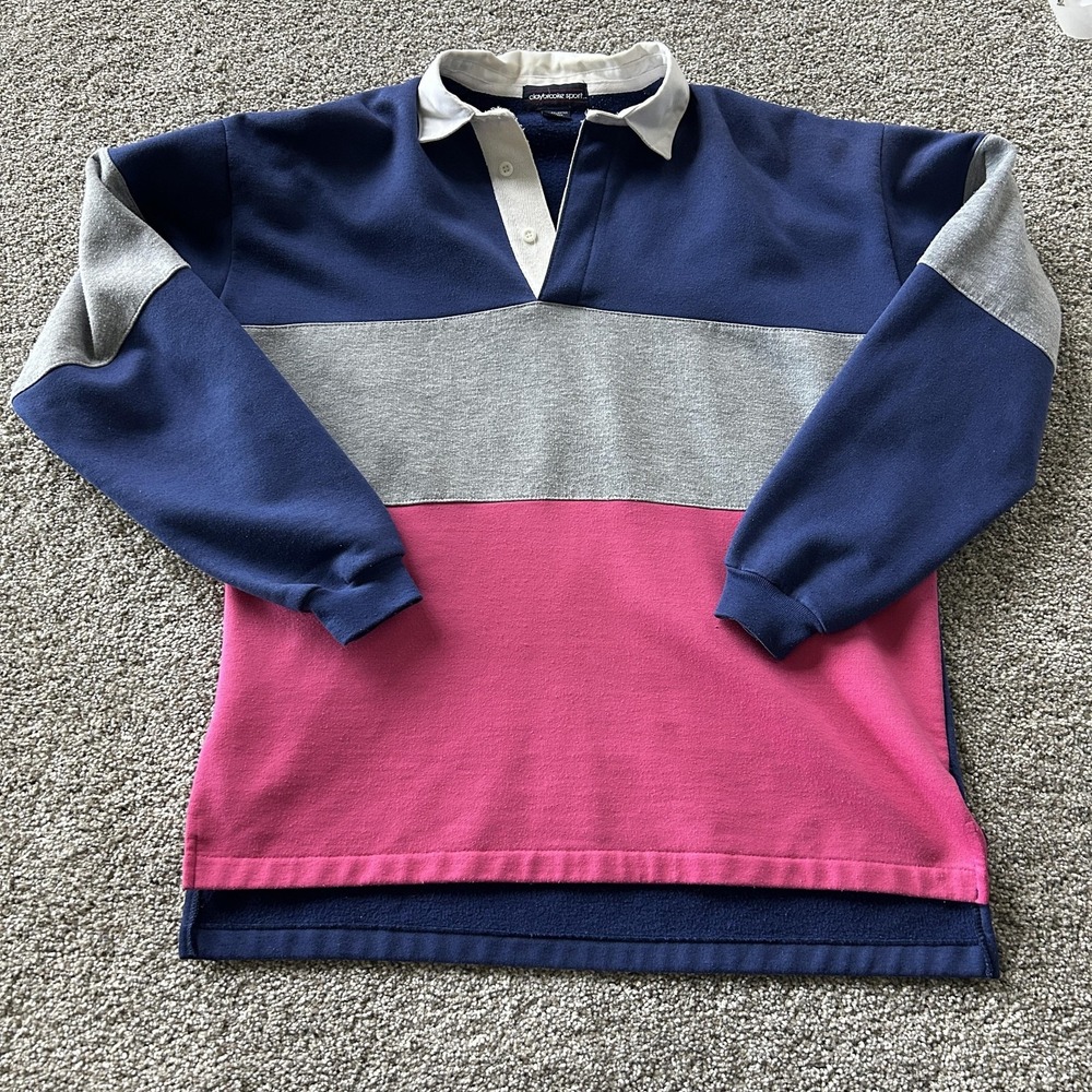 Vintage Claybrooke Sport Polo Shirt Mens M Pink Colorblock Long Sleeve Rugby Top